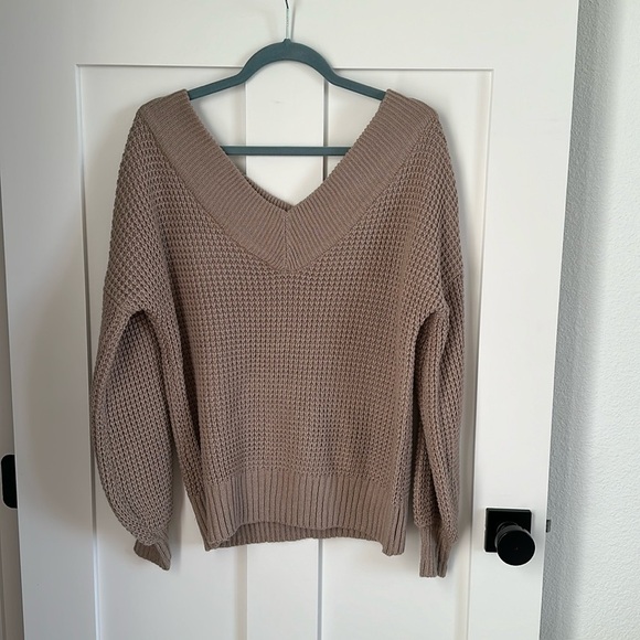 Zenana Women's XS Waffle Knit Chunky Sweater Beige Tan V-neck Oversized Slouchy - Picture 1 of 11